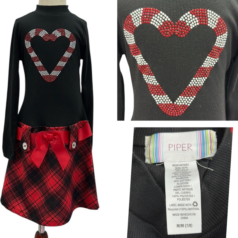 Piper Dress Candycane Heart Bow Waist Plaid Skirting Red Black Girls Medium 7 8